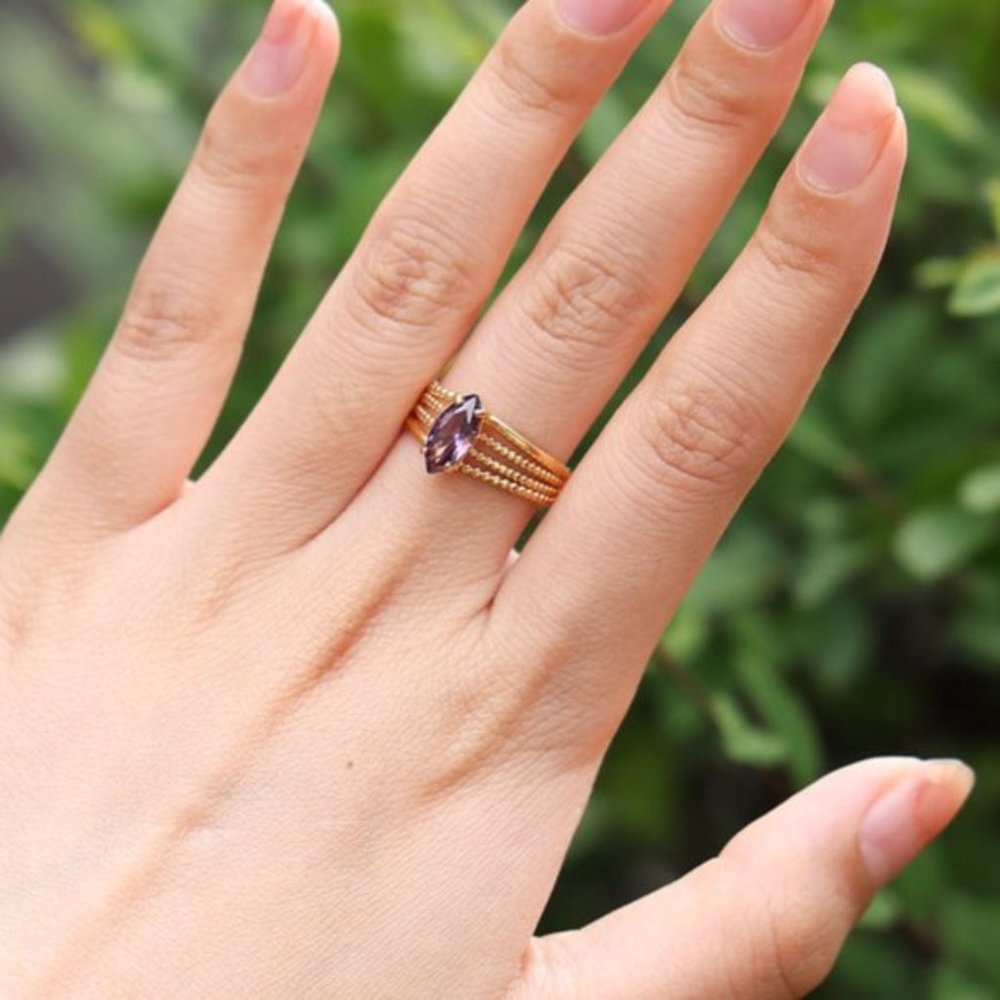 3/$35 Oval 18K Gold Plated Purple Amethyst Open Ring Cubic Zirconia Diamond